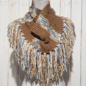 Cowl Scarf Fringe Hand Knitted Brown Blue Womens Boho Hippie Artsy Cottage Fairy